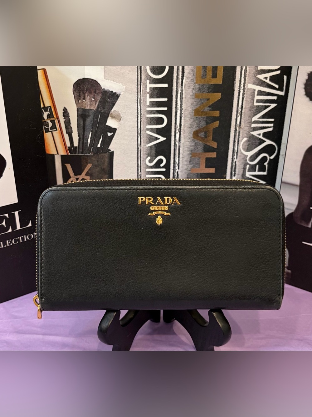 EUC!! PRADA Black Leather Zip Around Wallet with Red Interior and Gold Logo